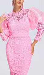 Flowering Girl Women Pink Puff Sleeve Lace Midi Dress