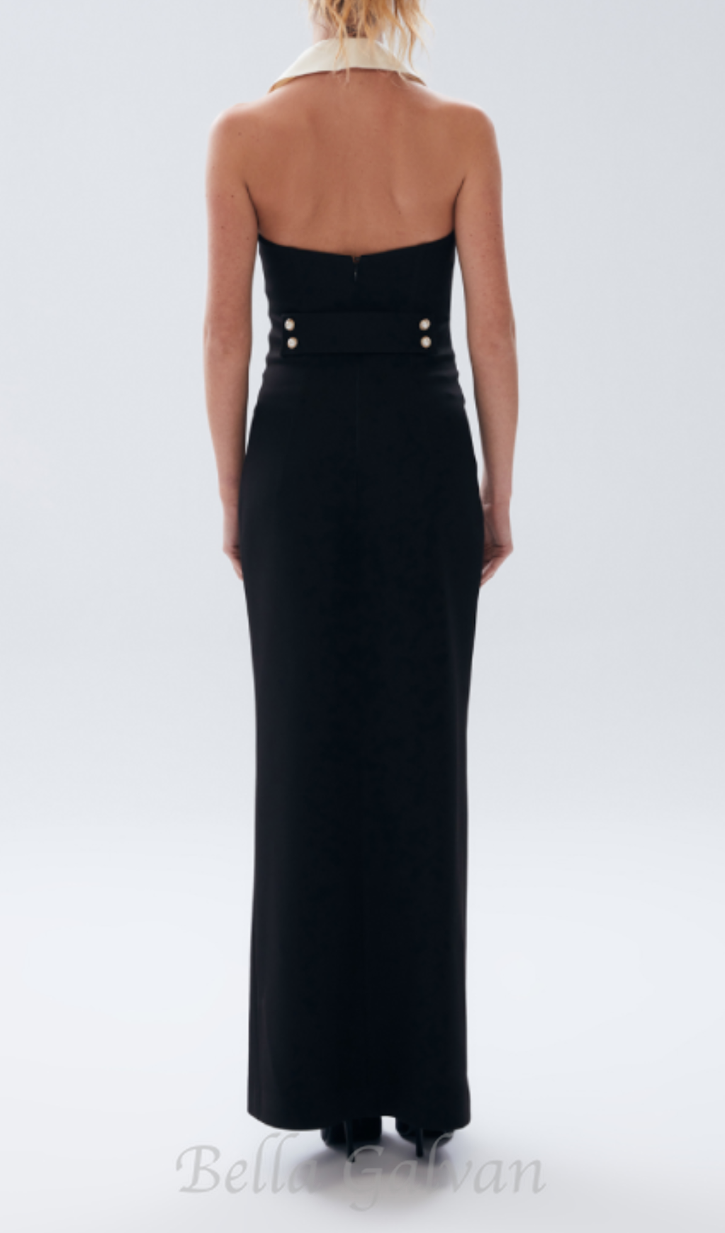 Flowering Girl Women pearl-button halter black maxi dress