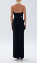 Flowering Girl Women pearl-button halter black maxi dress