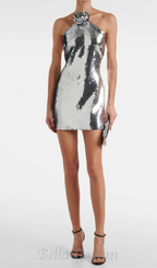 Flowering Girl Women Cinwa Floral Appliqué Halter Sequin Mini Dress - Silver