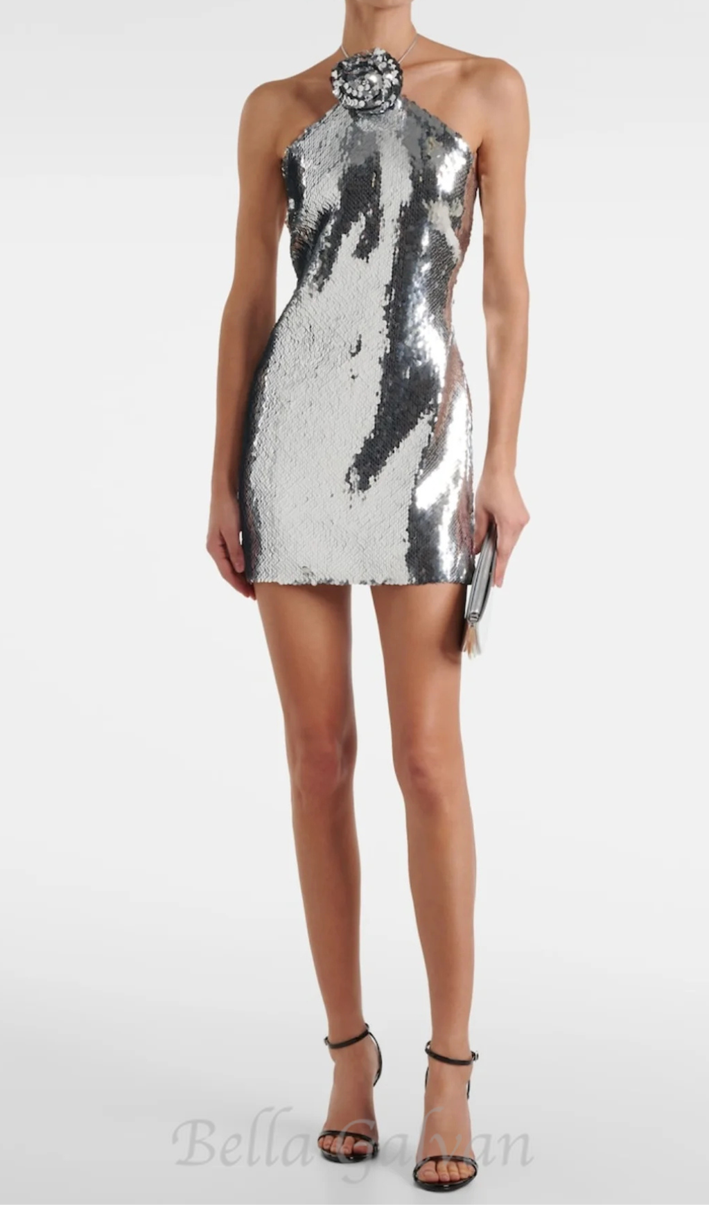 Flowering Girl Women Cinwa Floral Appliqué Halter Sequin Mini Dress - Silver