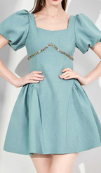 Flowering Girl Women Puff Sleeves Waist-Tightening Mini Dress In Green