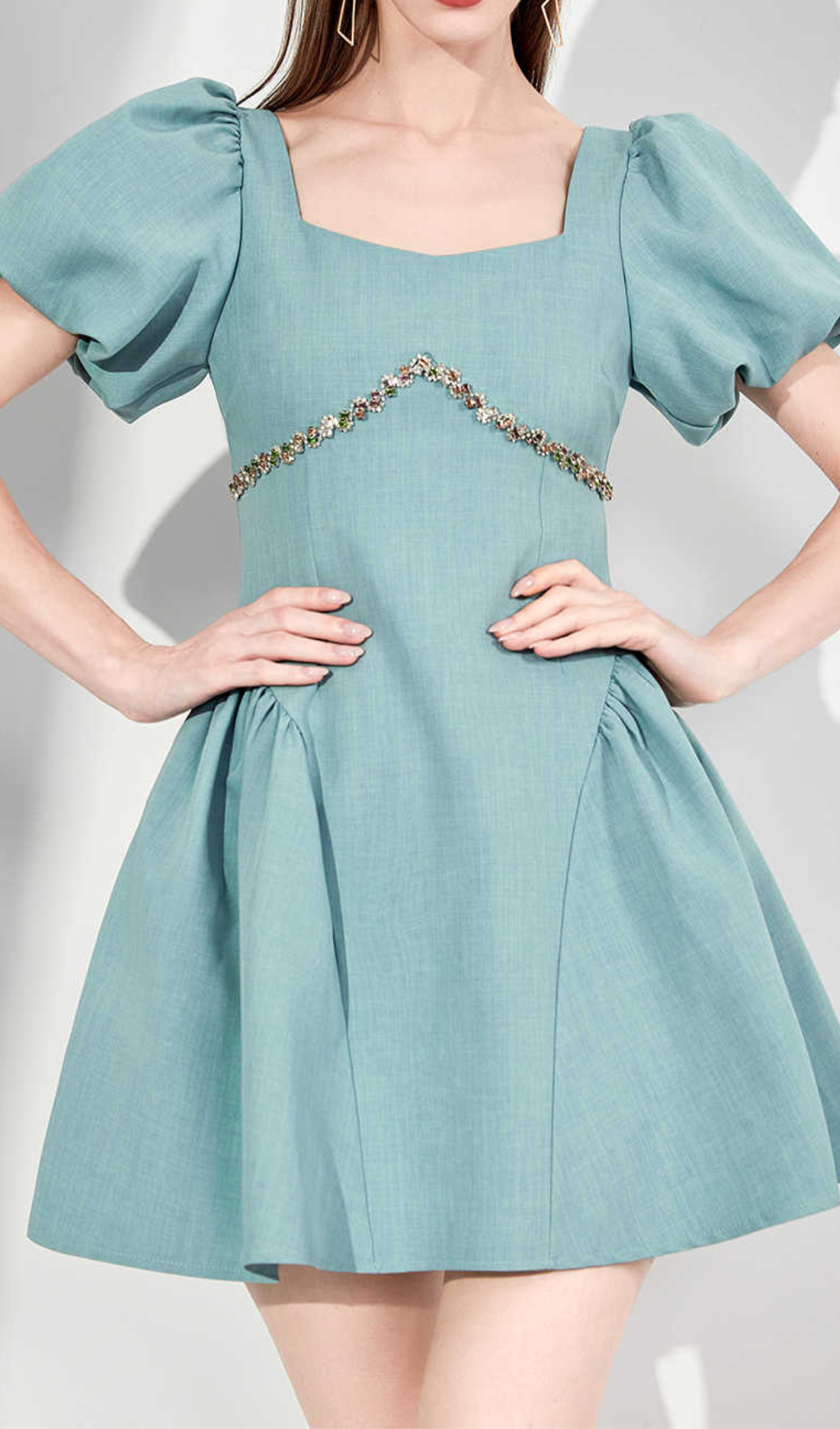 Flowering Girl Women Puff Sleeves Waist-Tightening Mini Dress In Green