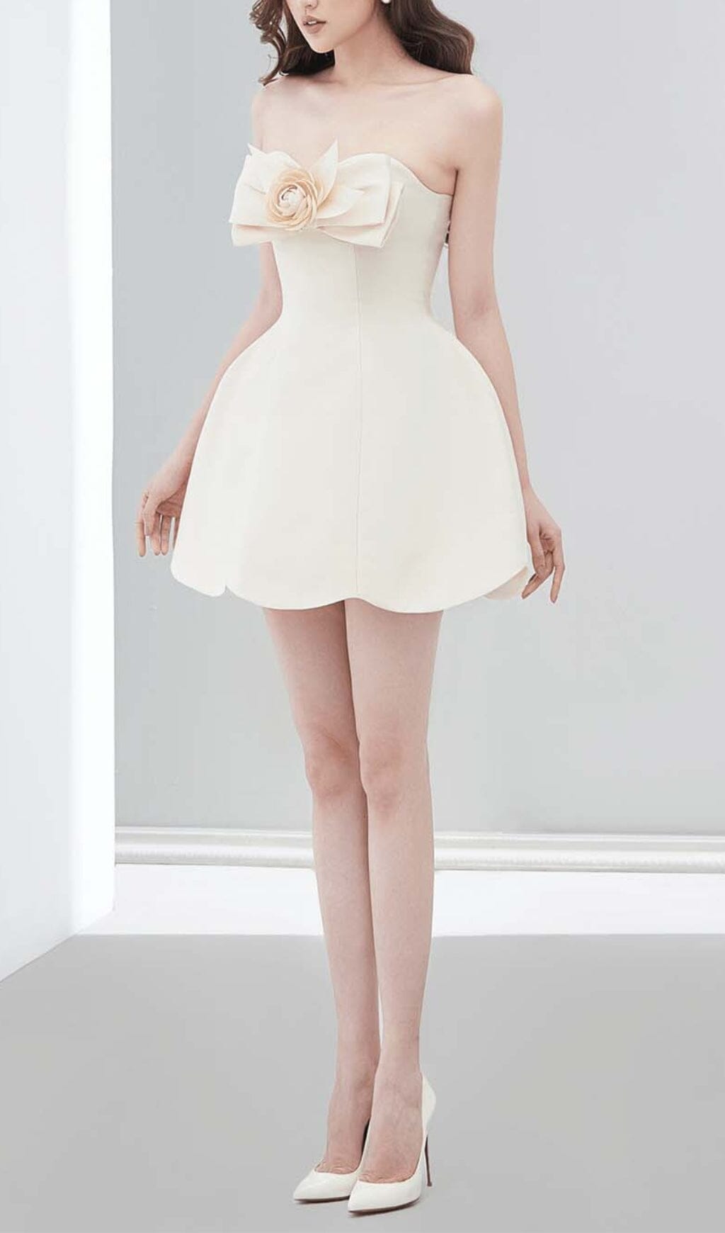Cream Strapless Mini Dress with 3D Floral Bow & Scalloped Hem