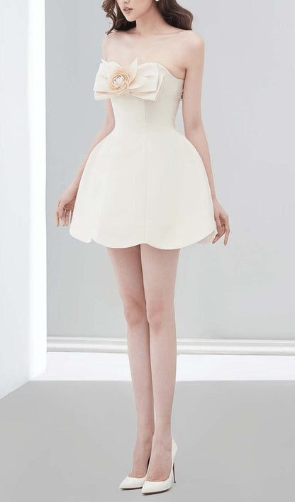 Cream Strapless Mini Dress with 3D Floral Bow & Scalloped Hem