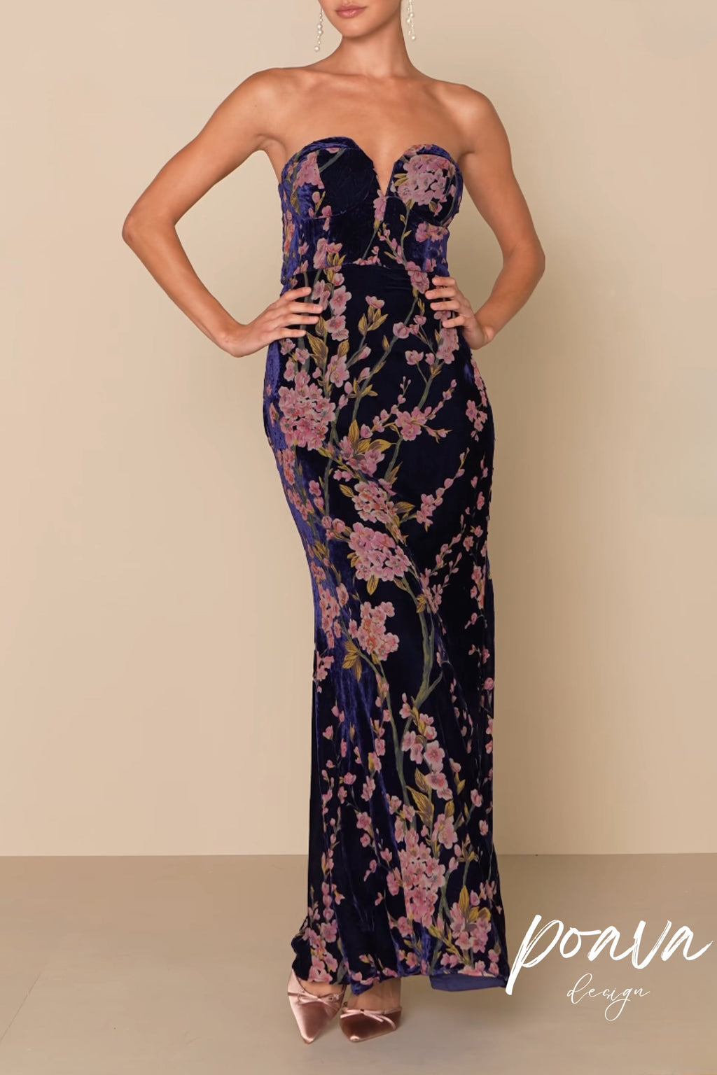 Flowering Girl Women Navy Blue Floral Print Velvet Strapless Maxi Dress