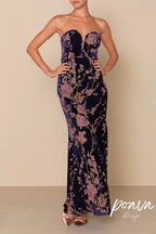 Flowering Girl Women Navy Blue Floral Print Velvet Strapless Maxi Dress