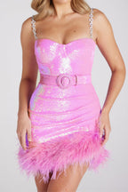 Flowering Girl Women Sequin Feather Belt Mini Dresss In Pink
