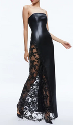 Flowering Girl Women Retha Faux Leather Lace Maxi Dress in black