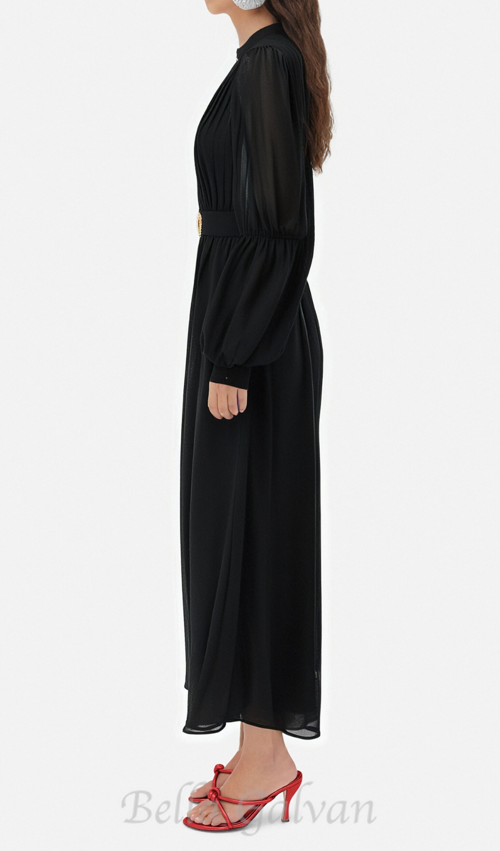 Flowering Girl Women Lantern sleeve silk midi dress in black