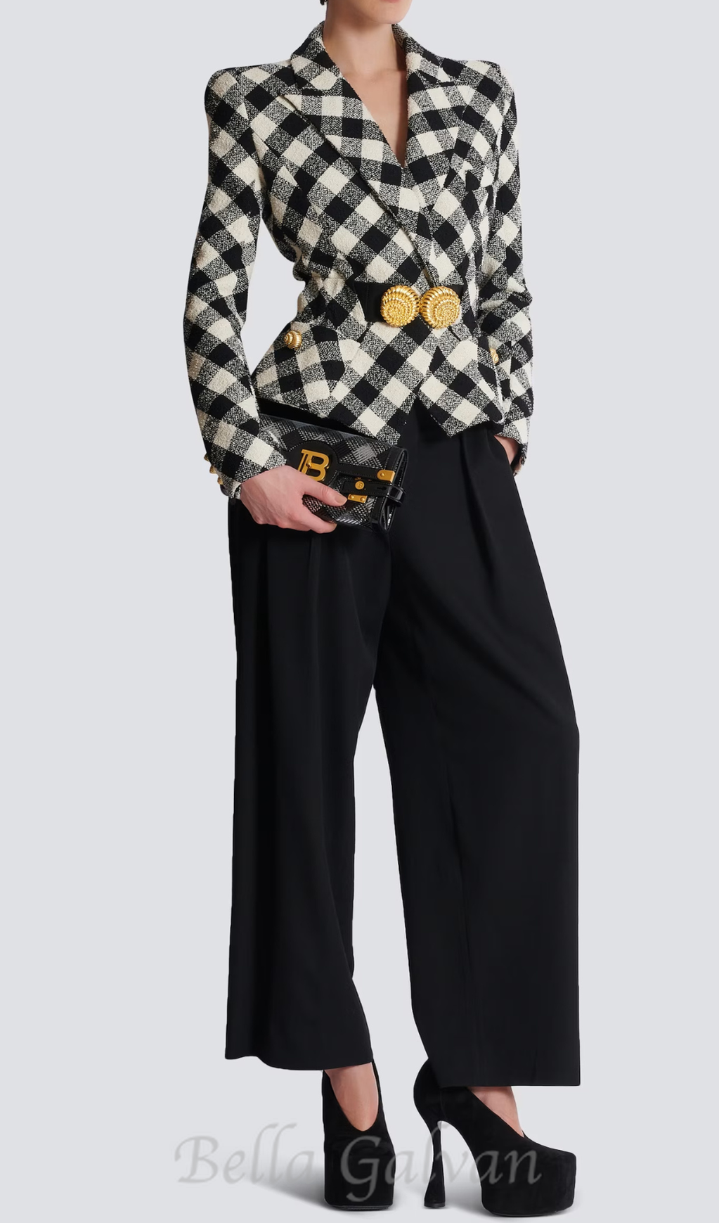 Flowering Girl Women Belted gingham tweed jacket with two Snail buttons