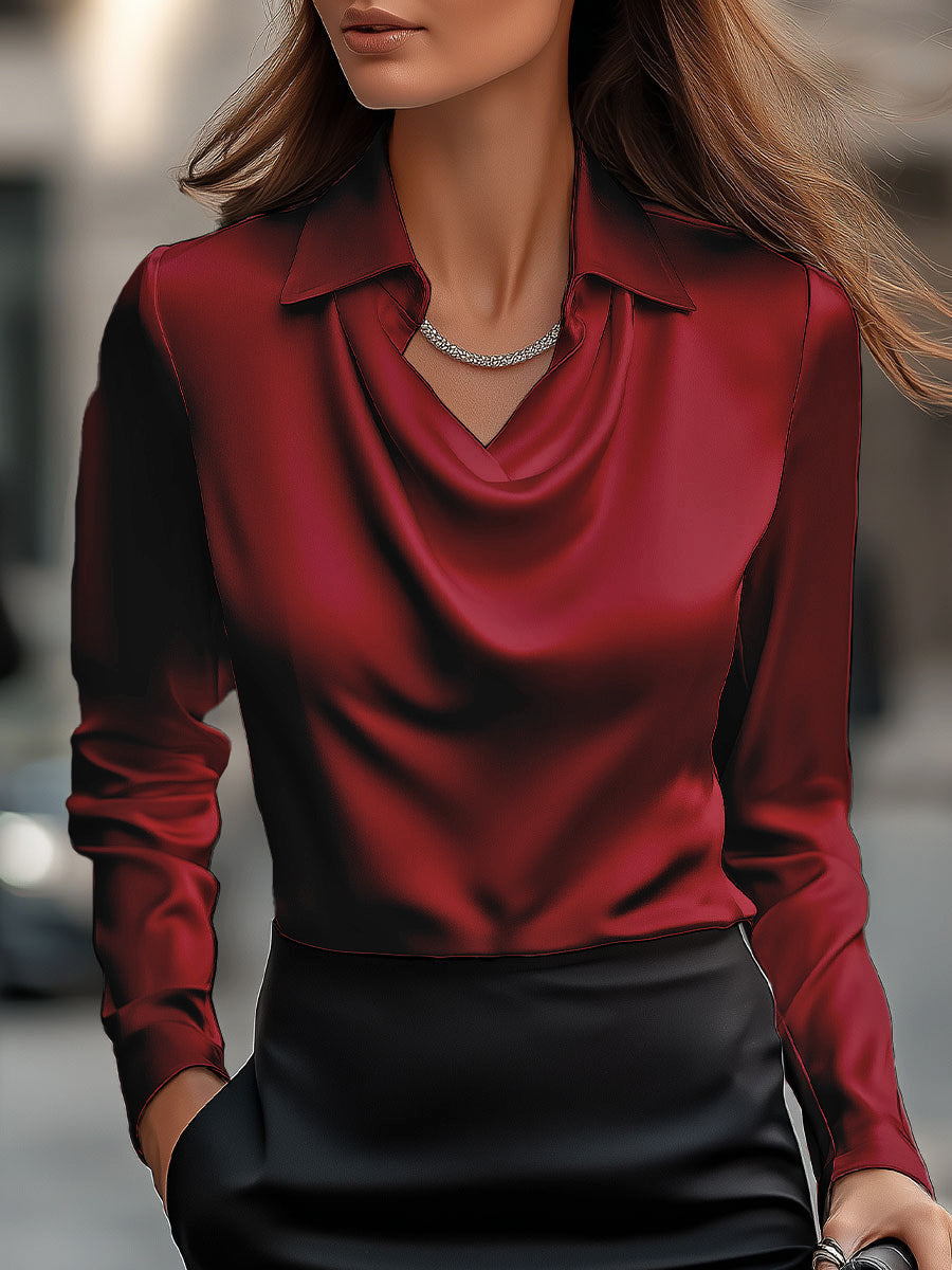 Flowering Girl Women Elegant White Satin Blouse With Draped Neckline