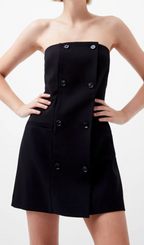 Flowering Girl Women Double Breasted Strapless Twill Mini dress in black