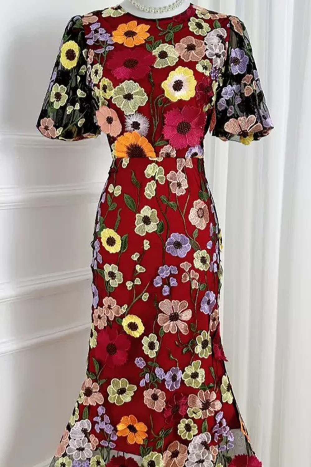 Flowering Girl Women FLORAL EMBROIDERY MESH FISHTAIL MIDI DRESS IN YELLOW