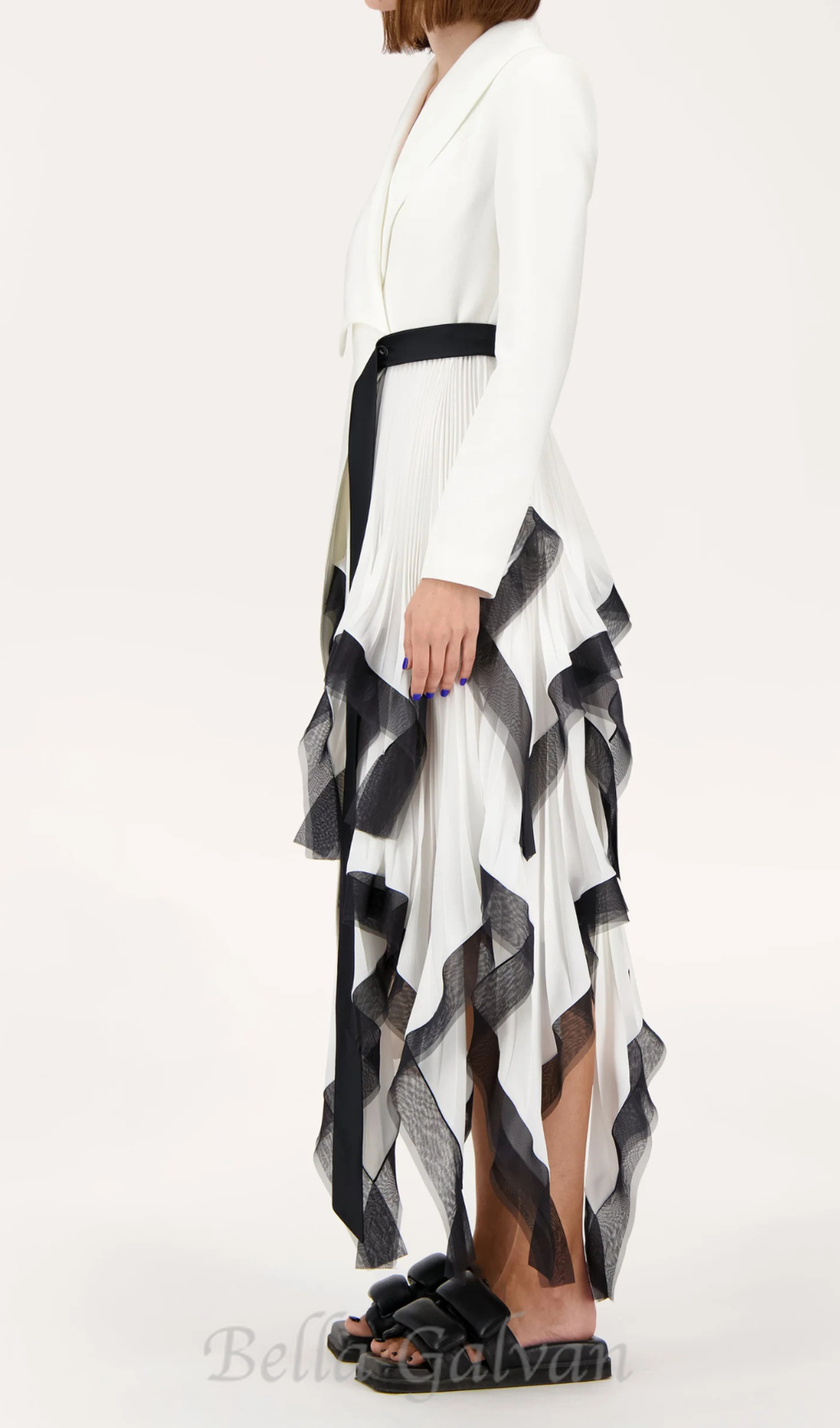 Flowering Girl Women Asymmetric pleated ruffle trim blazer dress in white