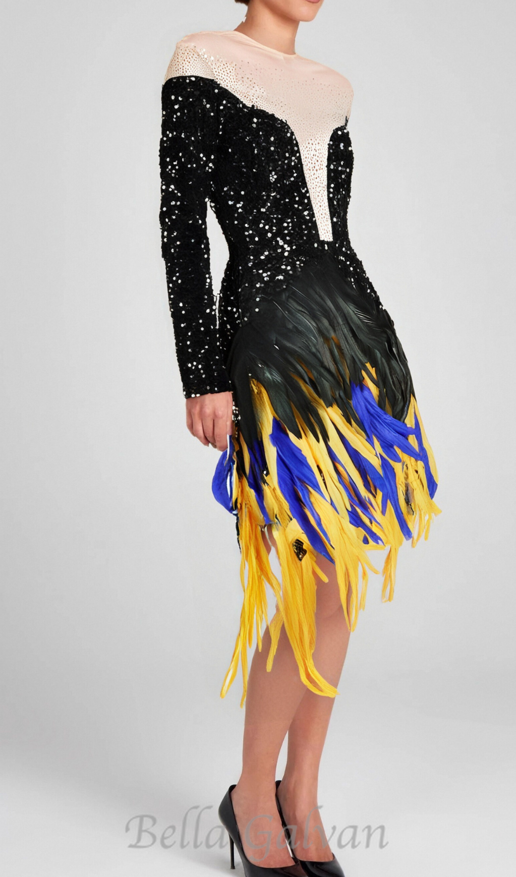 Flowering Girl Women feather embellished sequin mini dress in black
