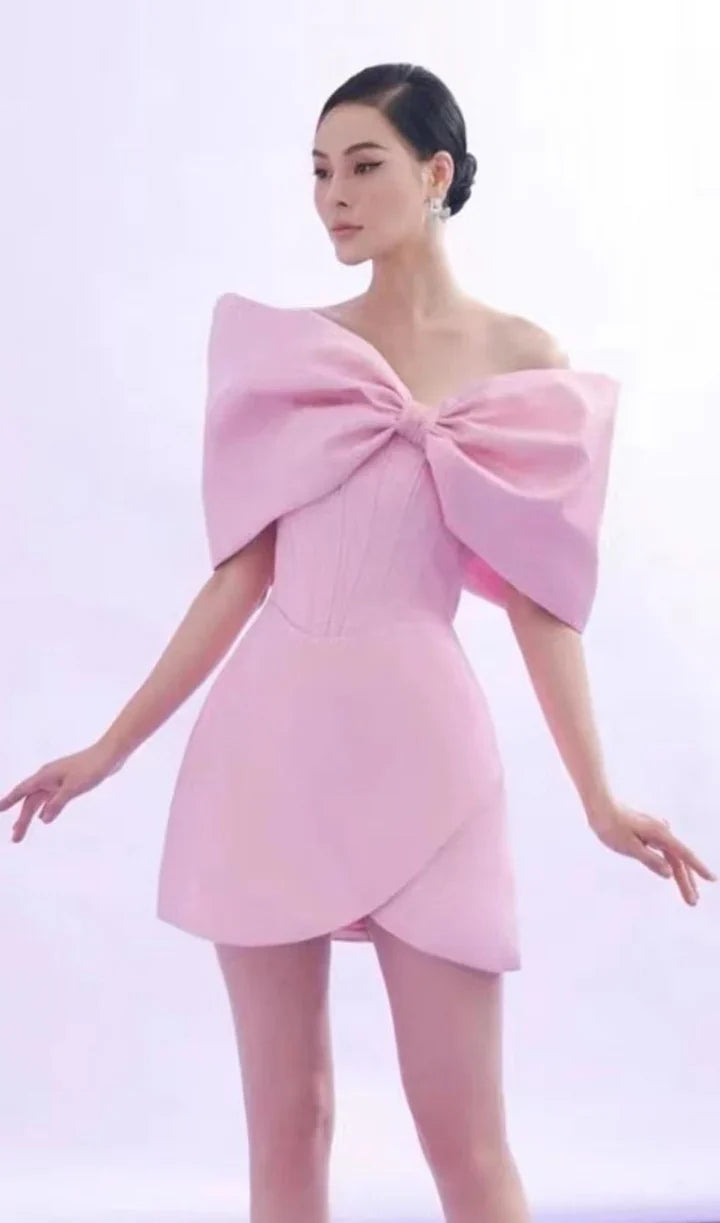 Flowering Girl Women Pink Off Shoulder Bow Corset Mini Dress