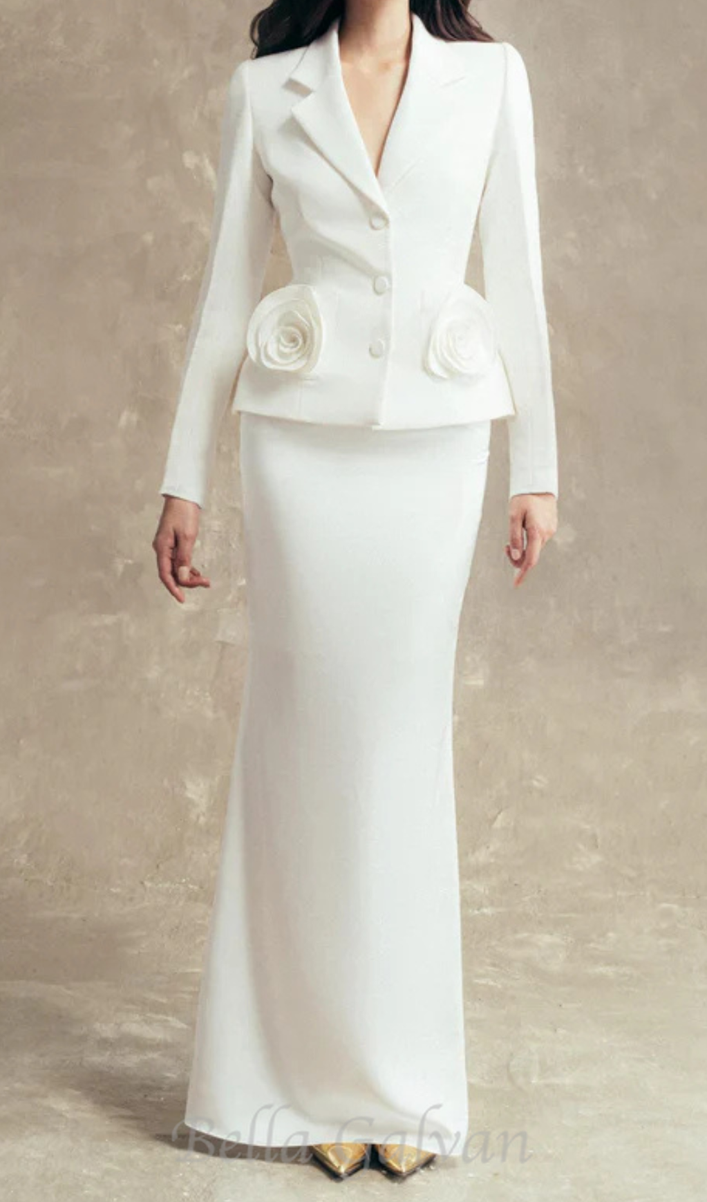Flowering Girl Women flower embellished jacket skirt set in white