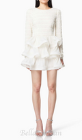 Flowering Girl Women Ruffle trim Long Sleeved Mini Dress in white