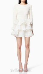 Flowering Girl Women Ruffle trim Long Sleeved Mini Dress in white