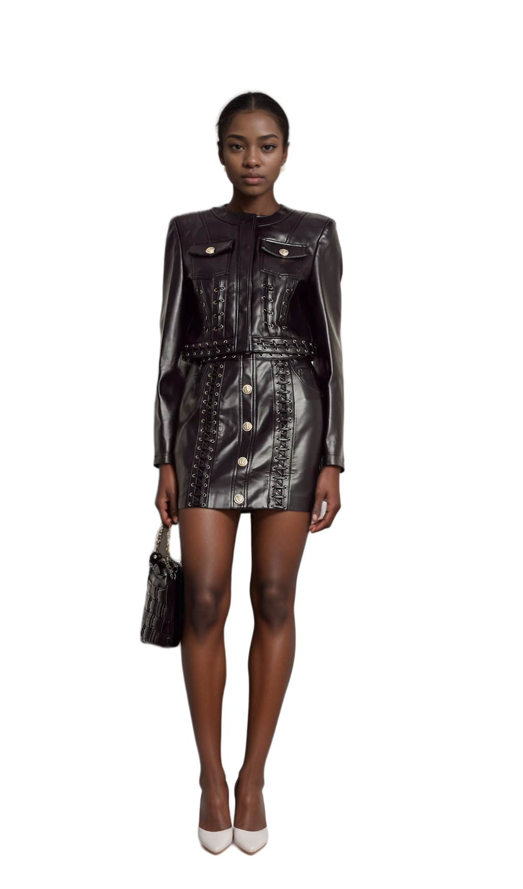 Flowering Girl Women Daphné eyelet-embellished leather jacket & skirt matching set