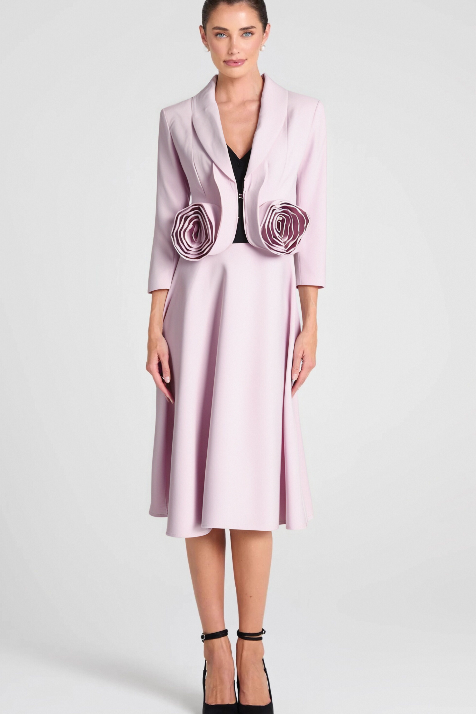 Flowering Girl Women Carol Pink 3D Floral Blazer ＆ High Waist Midi Skirt Set