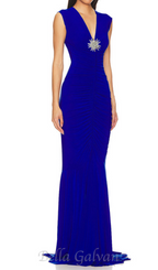 Flowering Girl Women Sleeveless Deep V Neck Shirred Front Fishtail Gown