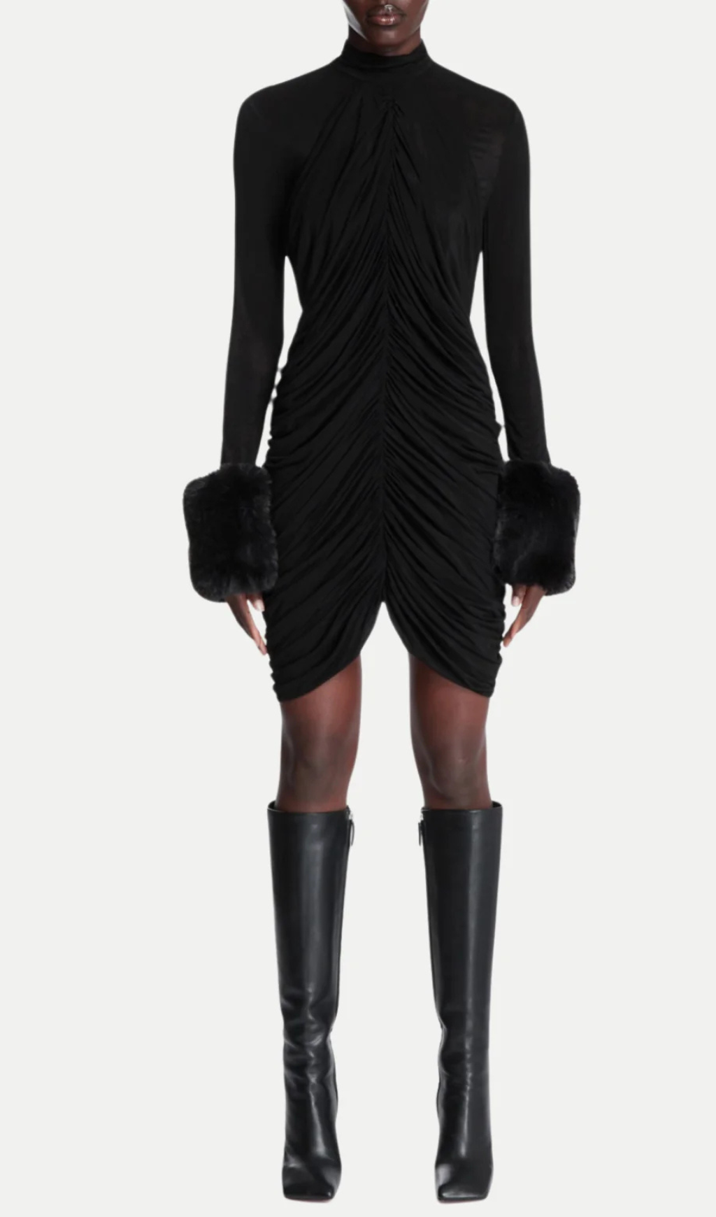 Flowering Girl Women Vevida Ruched Mesh Faux Fur Mini Dress in black