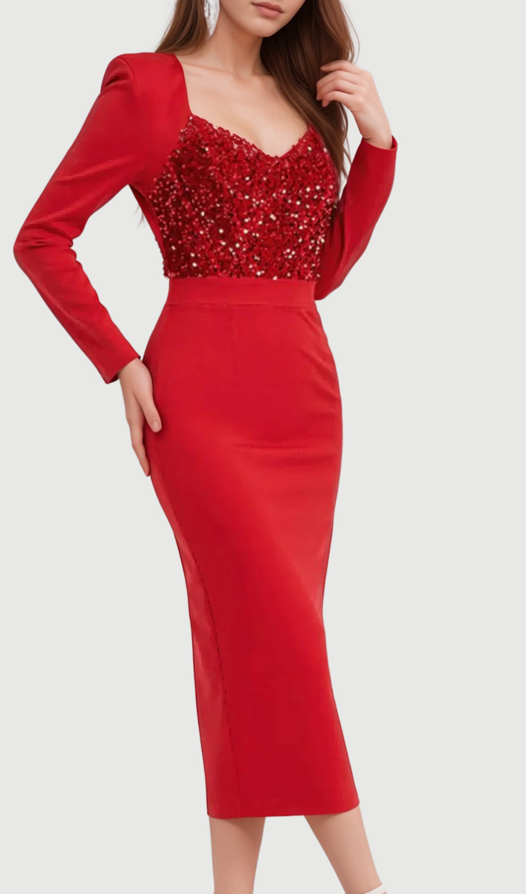 Flowering Girl Women MELISSA LONG SLEEVE PATCHWORK SEQUIN MIDI DRESS IN RED