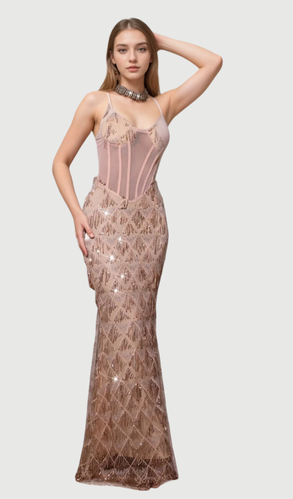 Flowering Girl Women Carol Sequin Fringe Maxi Dress In Apricot