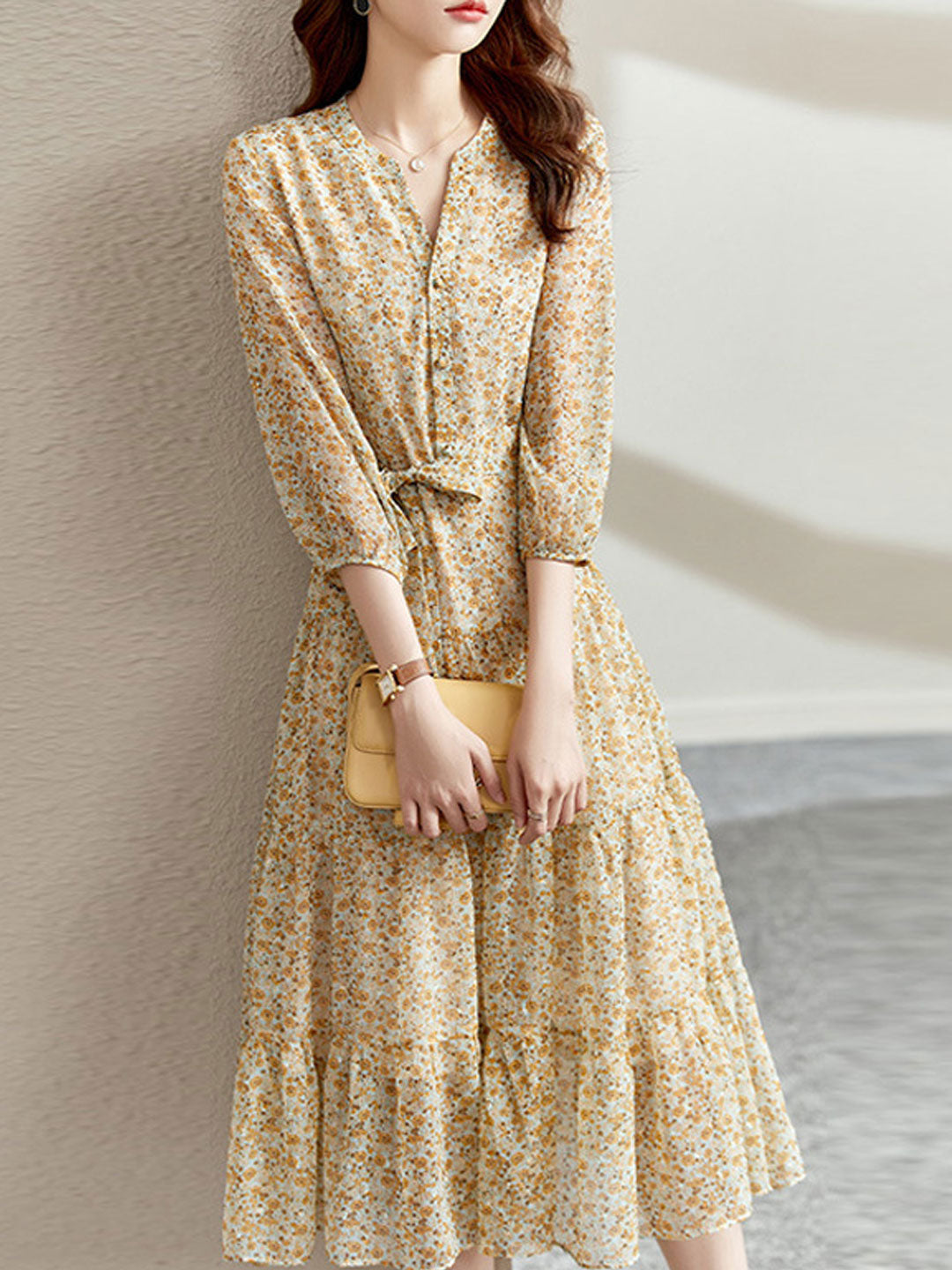 Flowering Girl Women lyuba Vintage Ruffle Floral Chiffon Maxi Dress
