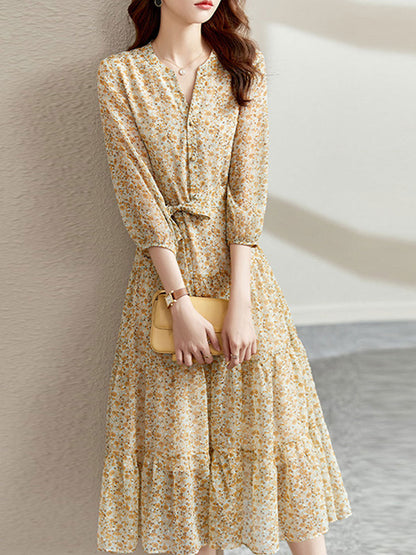 lyuba Vintage Ruffle Floral Chiffon Maxi Dress