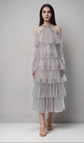 Flowering Girl Women Layered Ruffle Halter Dress with Sparkle Sheer Fabric