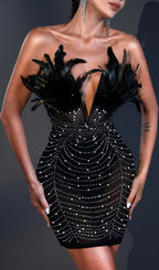 Strapless Feather Pearl Mini Dress In Black