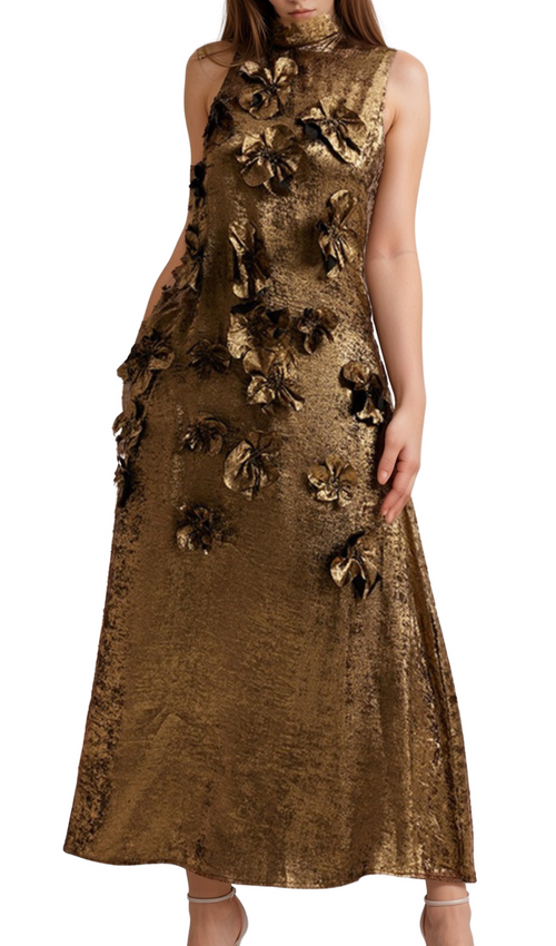 adela 3d floral embellished maxi dress in gold