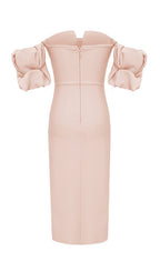 Flowering Girl Women Strapless Draped Sleeve Slits Bandage Dress In Beige