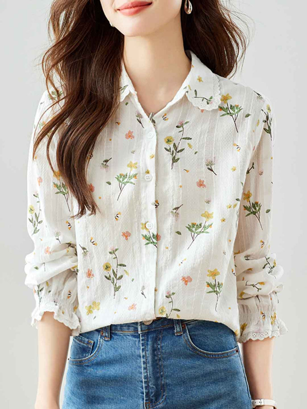 Flowering Girl Women nancy Classic Lapel Embroidered Floral Shirt