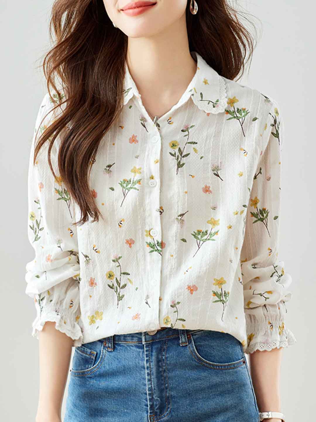 Flowering Girl Women nancy Classic Lapel Embroidered Floral Shirt