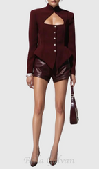 Flowering Girl Women Aymee Cutout Button Blazer in burgundy