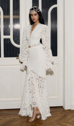 emily Lace Trimmed Puff Sleeved Top & Fishtail Skirt Set in white