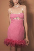 CUT OUT CRYSTAL FEATHER MINI DRESS IN HOT PINK