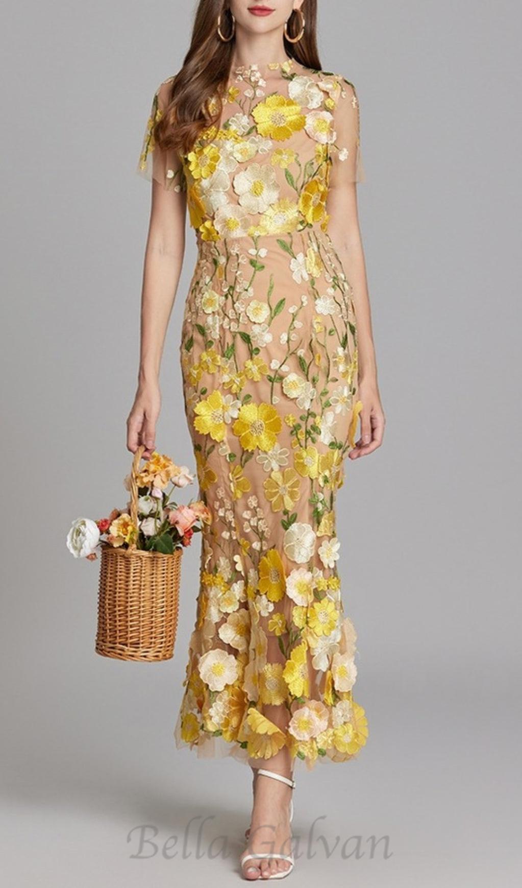 Flowering Girl Women FLORAL EMBROIDERY MESH FISHTAIL MIDI DRESS IN YELLOW