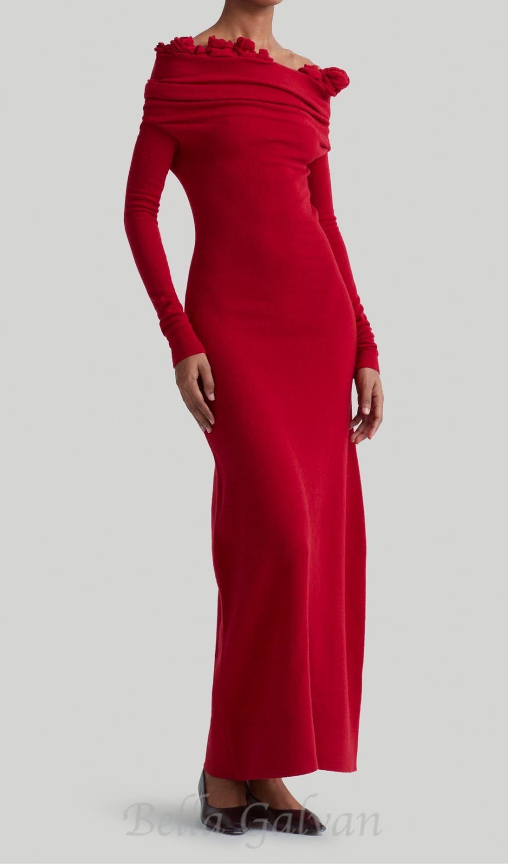 Flowering Girl Women off-shoulder floral embellished ruched maxi dress in red