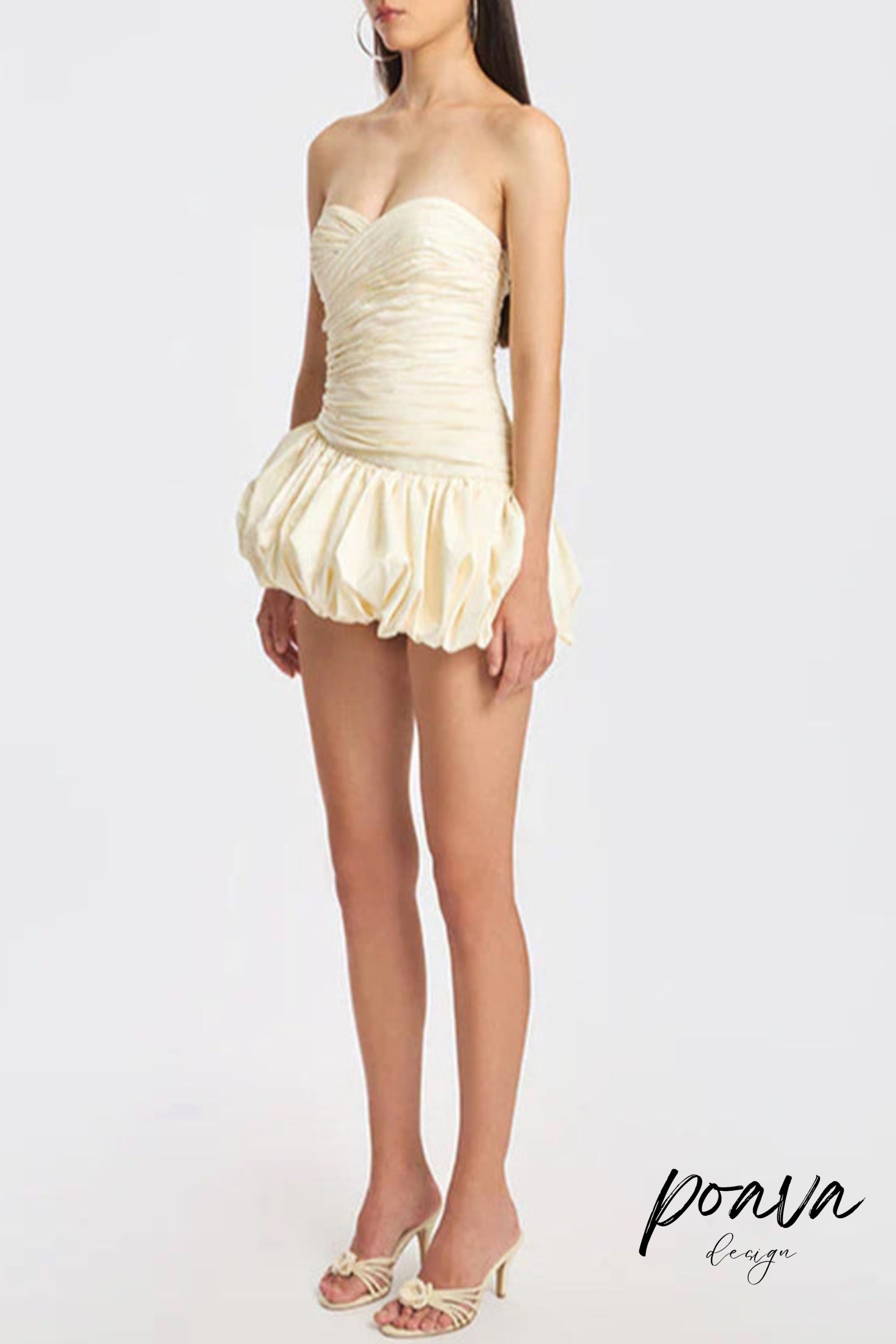 Flowering Girl Women Balloon Draped Strapless Mini Dress In White