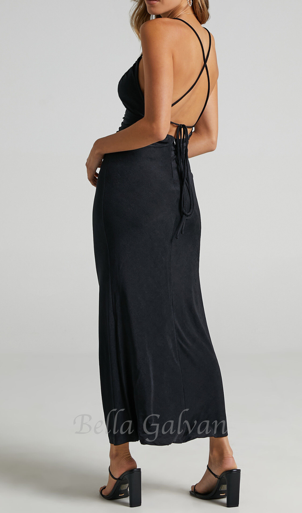 Flowering Girl Women v-neckline pleated bodycon maxi dress in black
