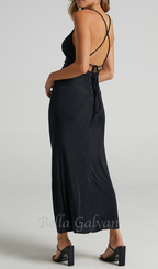 Flowering Girl Women v-neckline pleated bodycon maxi dress in black