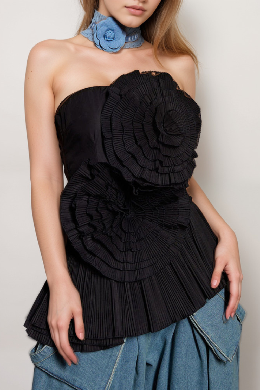 Flowering Girl Women Strapless Flower Pleated Top In Black