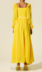 Flowering Girl Women Chiffon 3D Flower Long Sleeve Midi Dress in yellow