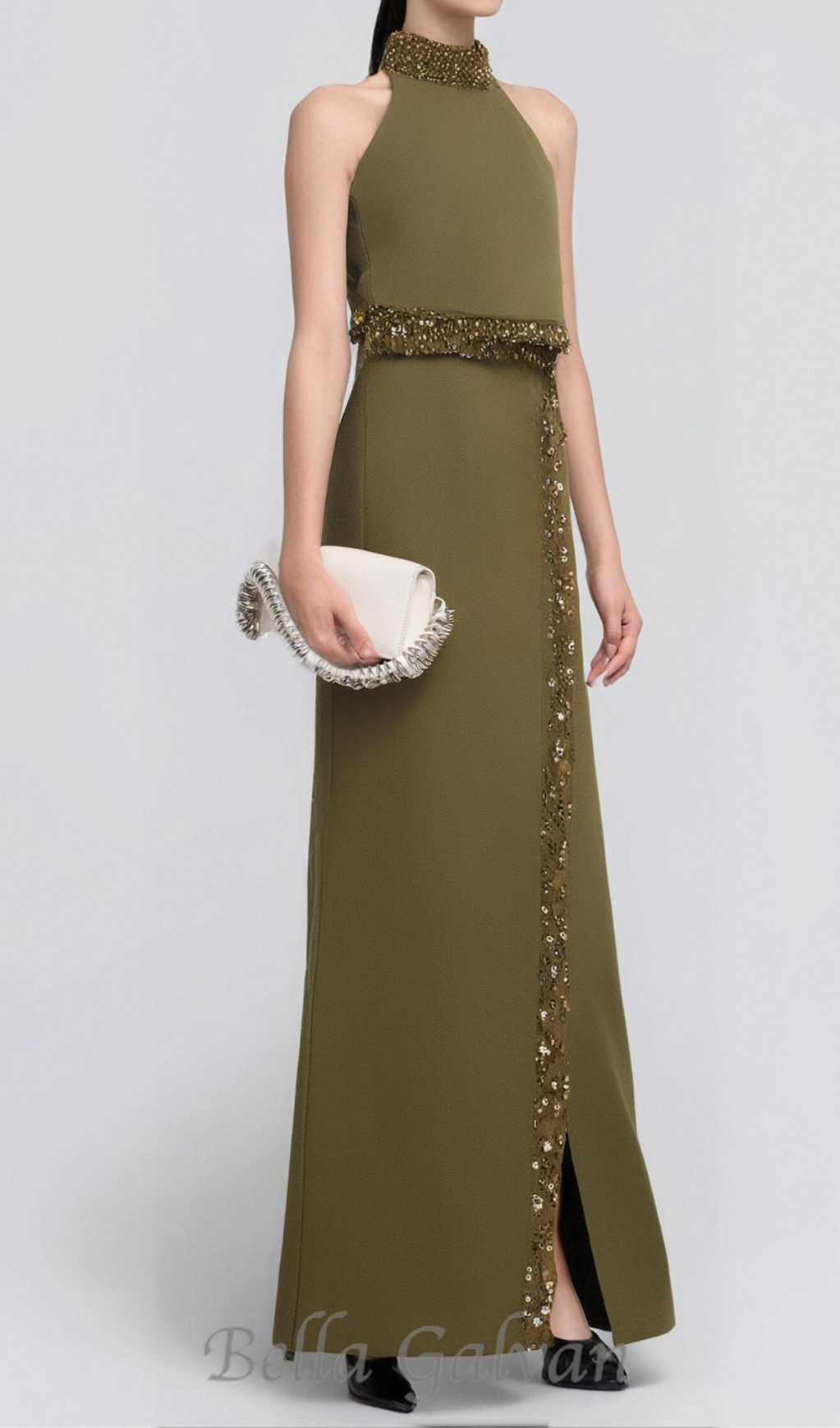 Flowering Girl Women beaded diamond halter top slit skirt suit in green