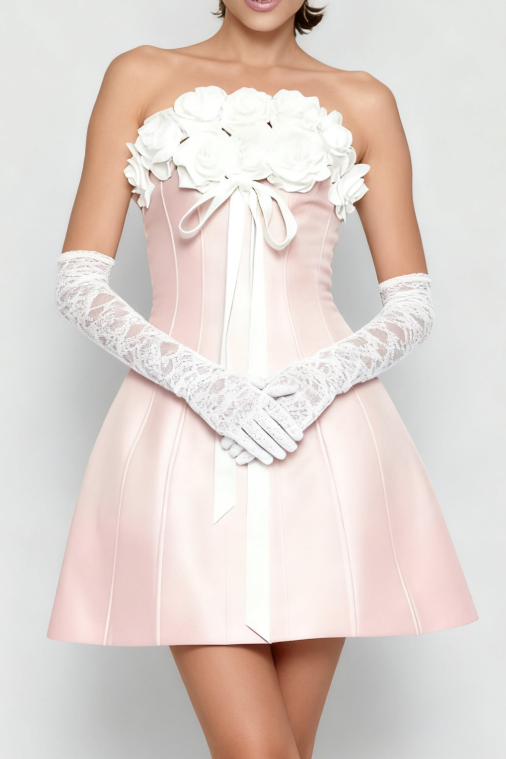 Gladys Strapless 3d Floral Corset A-Line Dress In Pink